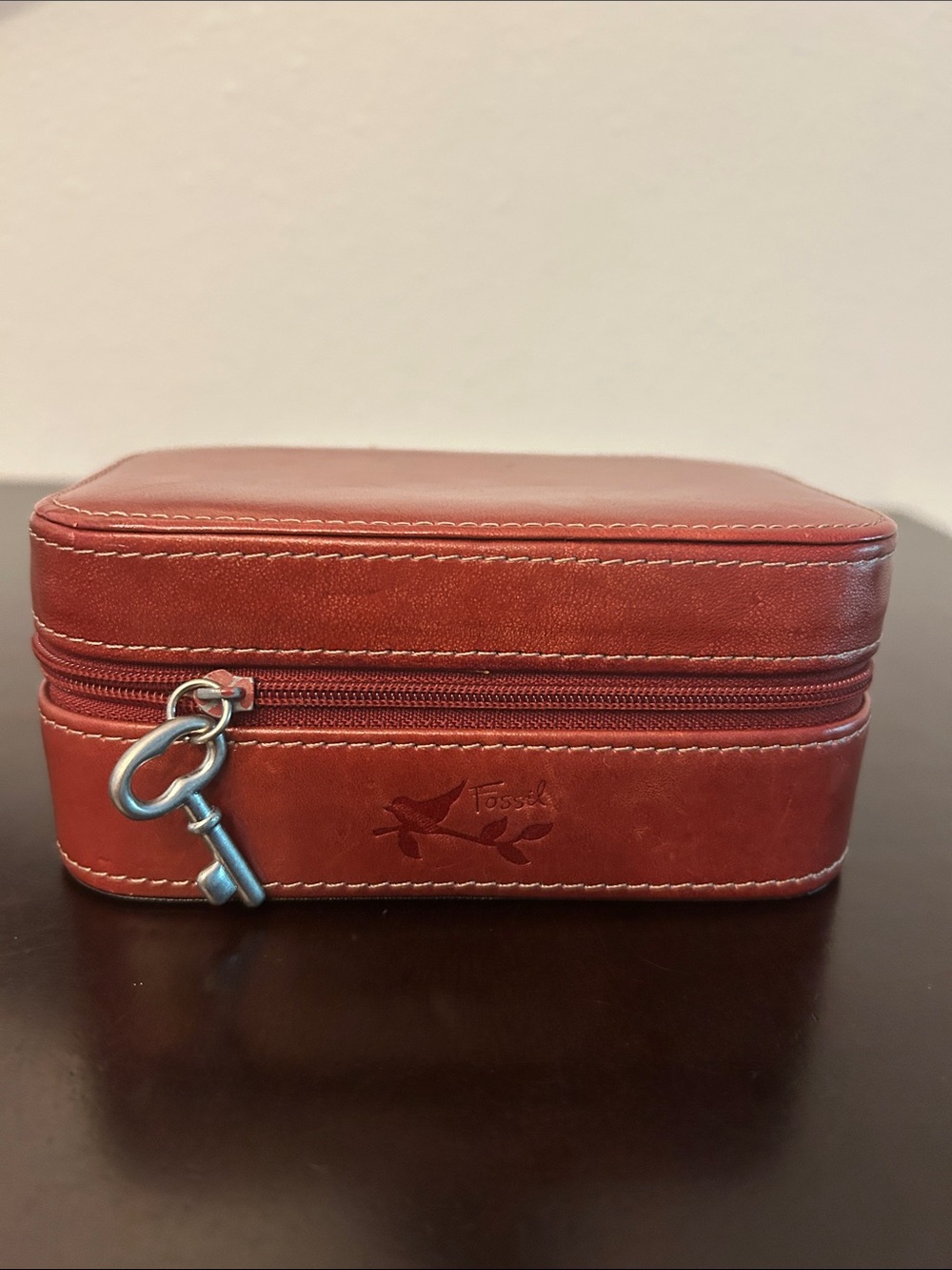 Vintage RARE Fossil Leather Travel Jewelry Case / Bird on Branch / Key Charm
